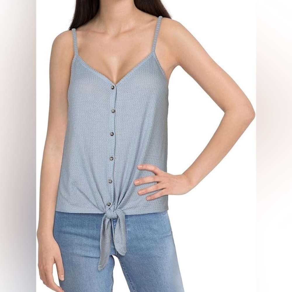 Hippie Rose Blue Waffle Knit Button Front Tie Hem Tank Top Size Large
